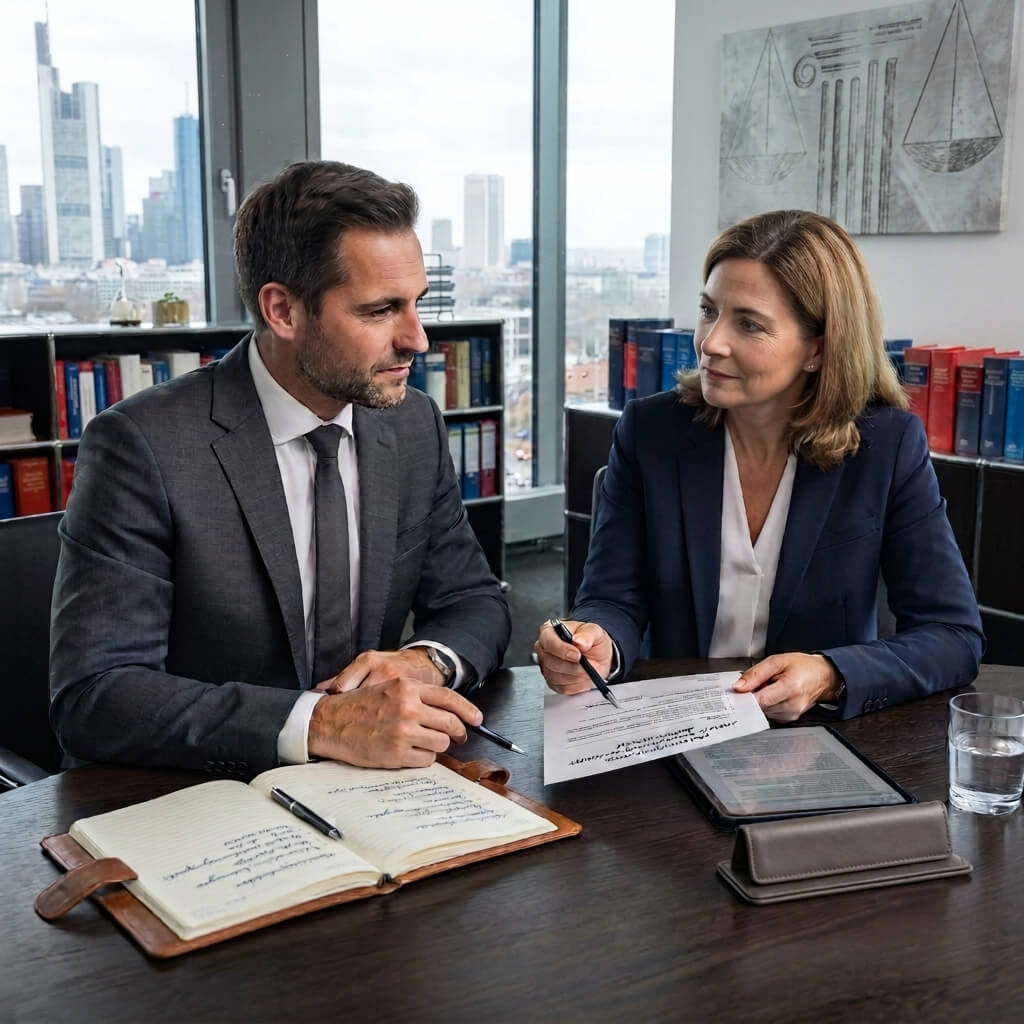 Rechtsanwalts-Duo der Kanzlei DM Nürnberg in einem professionellen Beratungsgespräch am Konferenztisch mit Blick auf die Nürnberger Skyline.